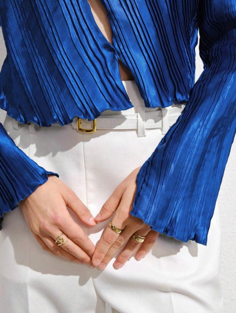 CM-TS107690 Women Casual Seoul Style Asymmetrical Neck Split Sleeve Lettuce Trim Top