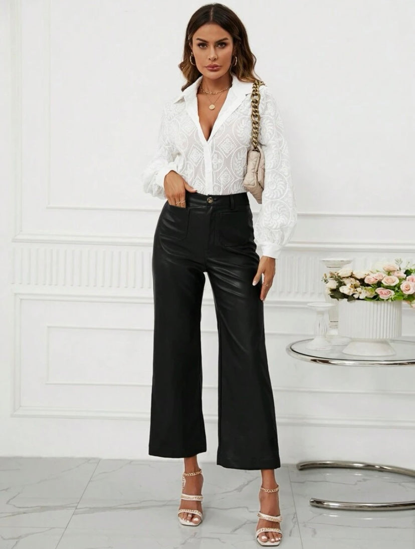 CM-BS594900 Women Casual Seoul Style High Waist PU Leather Wide Leg Pants - Black
