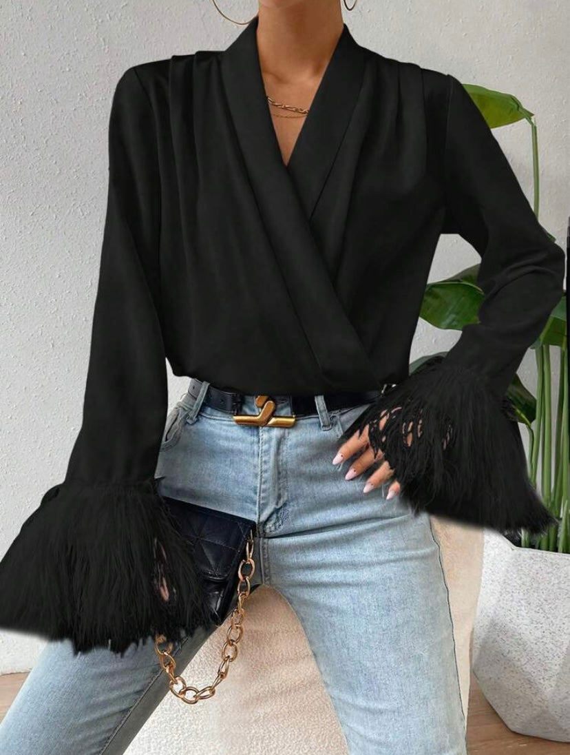CM-TS068200 Women Elegant Seoul Style V-Neck Solid Fringe Cuff Wrap Blouse - Black