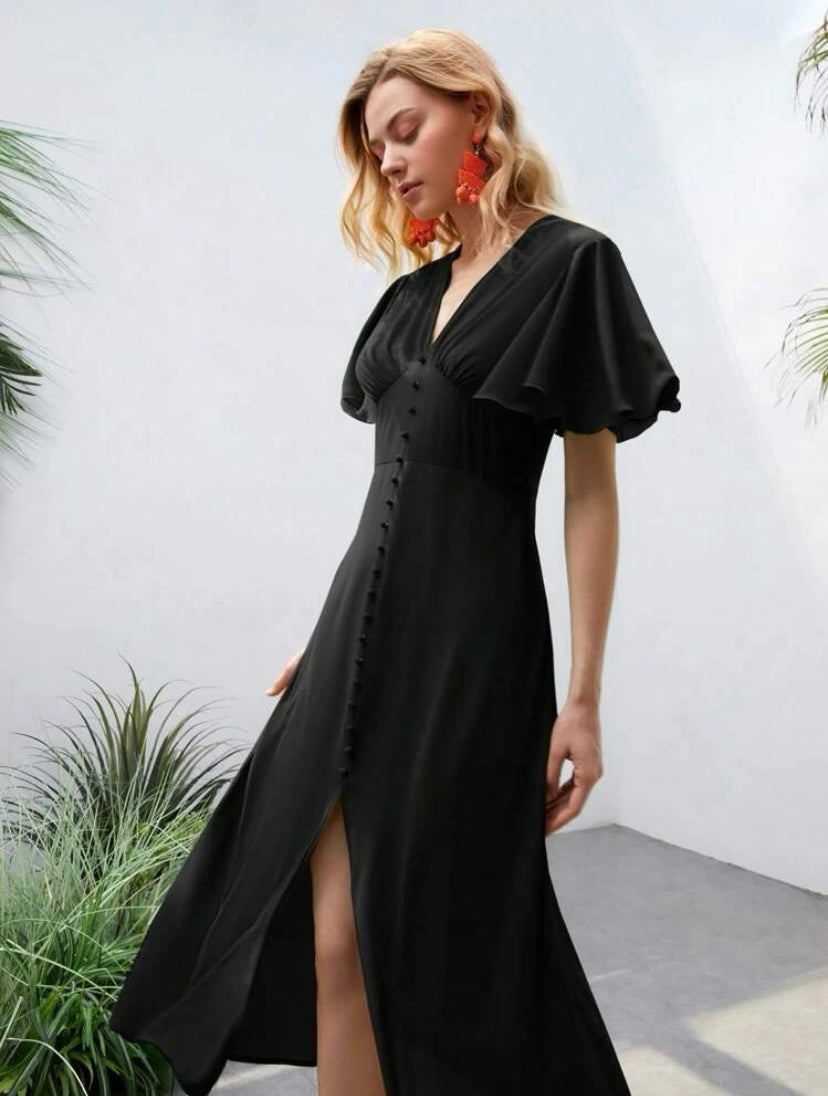 CM-DS347699 Women Elegant Seoul Style Butterfly Sleeve Button Front A-Line Dress - Black