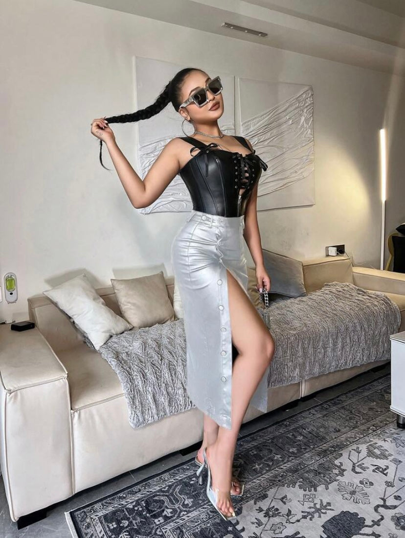 CM-BS062645 Women Casual Seoul Style High Waist Button Front Bodycon Skirt - Silver