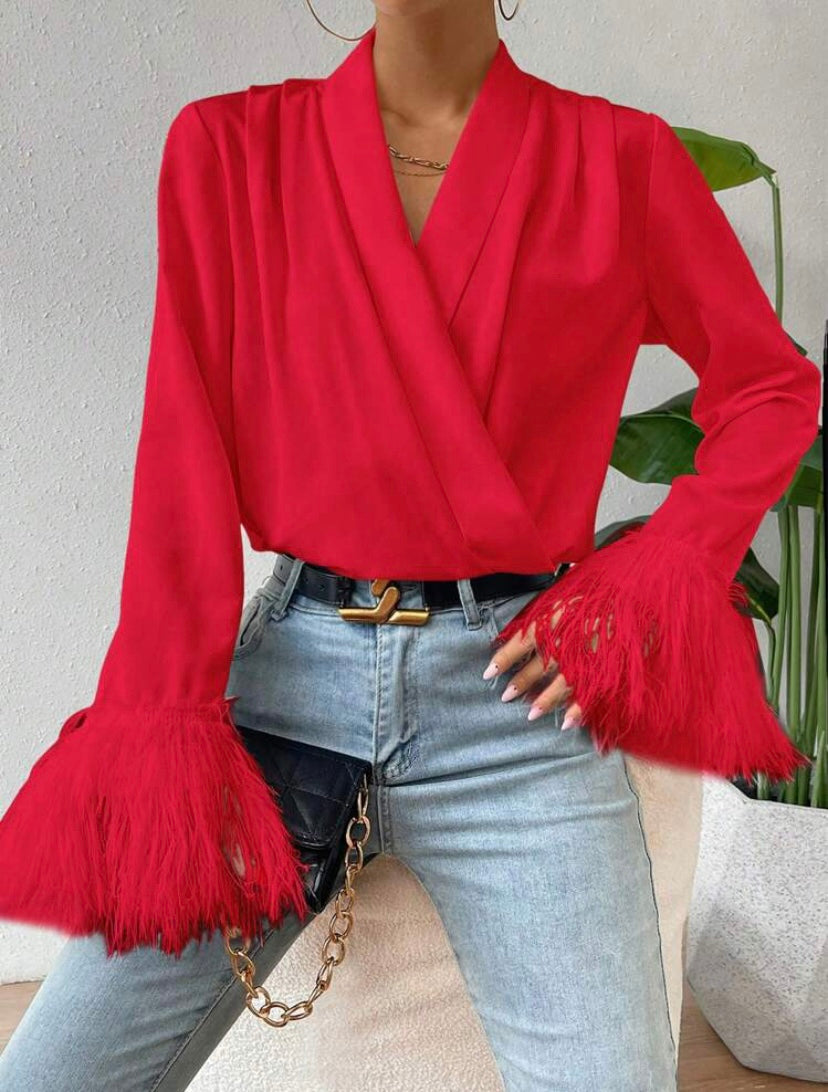 CM-TS349939 Women Elegant Seoul Style V-Neck Solid Fringe Cuff Wrap Blouse - Red