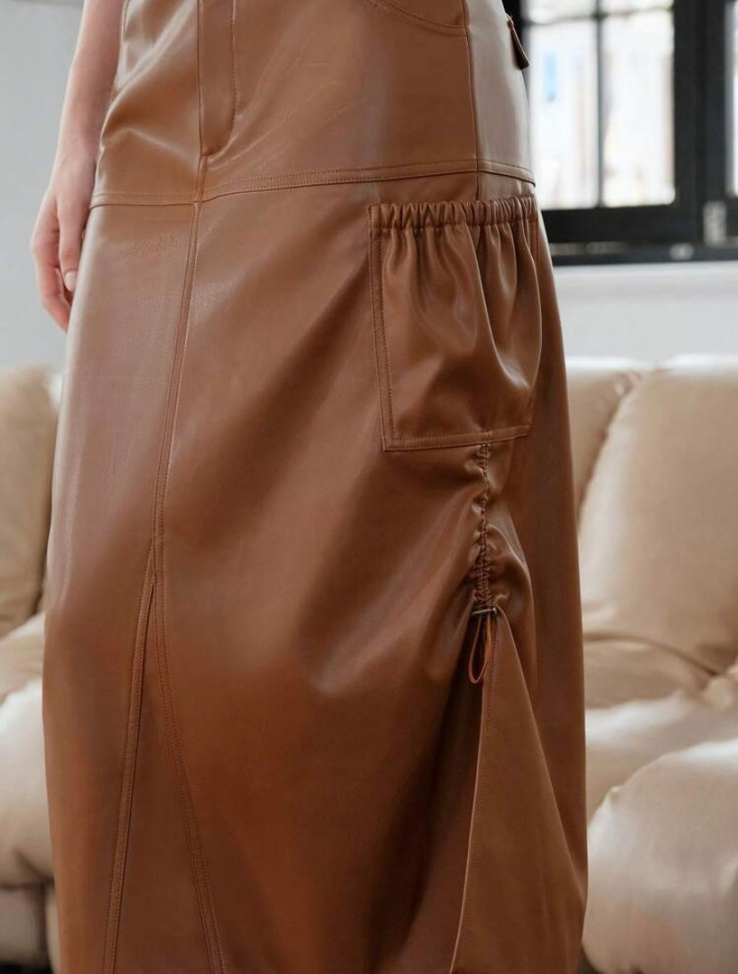 CM-BS375550 Women Elegant Seoul Style Split Hem PU Leather Midi Skirt - Brown