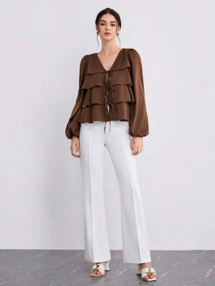 CM-TS010083 Women Elegant Seoul Style Tie Front Ruffle Hem Lantern Sleeve Blouse