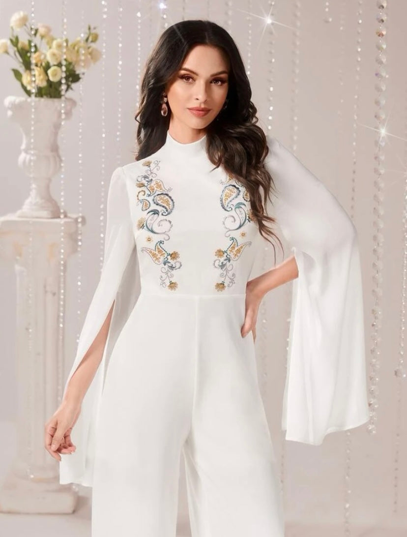 CM-JS427613 Women Elegant Seoul Style Floral Embroidery Split Sleeve Wide Leg Jumpsuit
