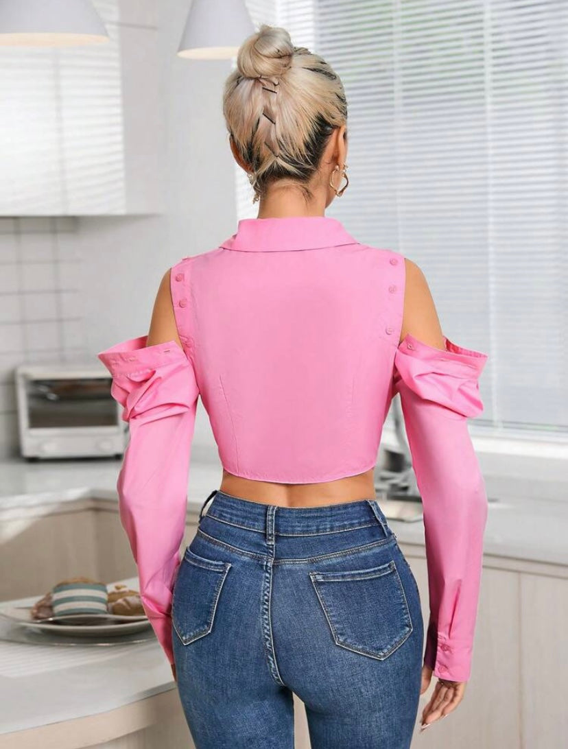 CM-TS266716 Women Casual Seoul Style Lapel Neck Ruched Bust Crop Blouse - Pink