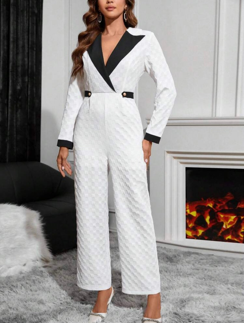 CM-JS039880 Women Elegant Seoul Style Contrast Panel Lapel Collar Shirt Jumpsuit - White