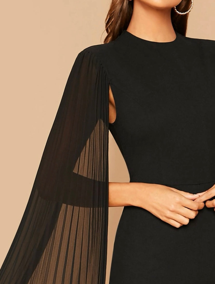 CM-JS923091 Women Elegant Seoul Style Round Neck Solid Pleated Cape Jumpsuit - Black