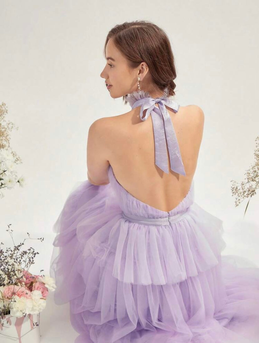 CM-DS328536 Women Elegant Seoul Style Tie Backless Layer Hem Mesh Overlay Halter Neck Dress