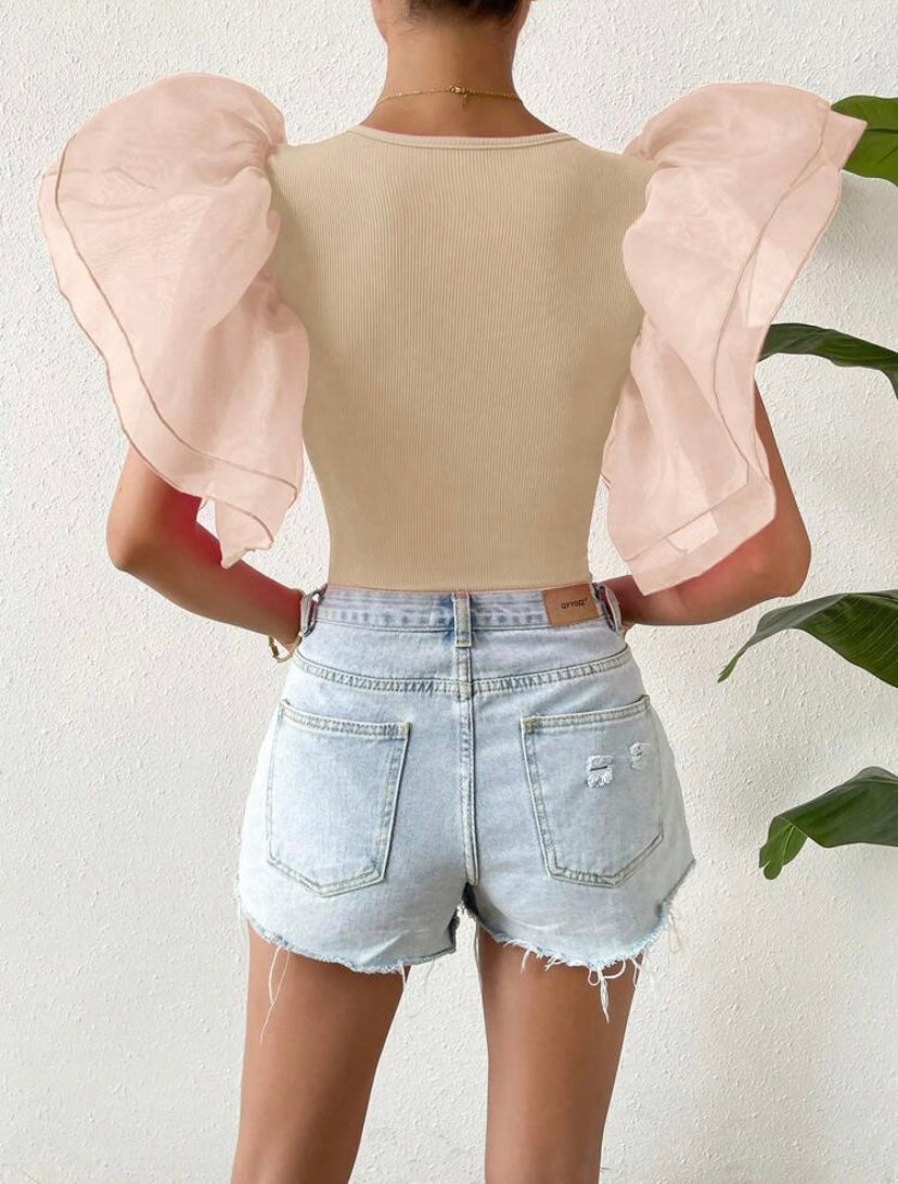 CM-TS515188 Women Casual Seoul Style Contrast Mesh Butterfly Sleeve Bodysuit - Khaki