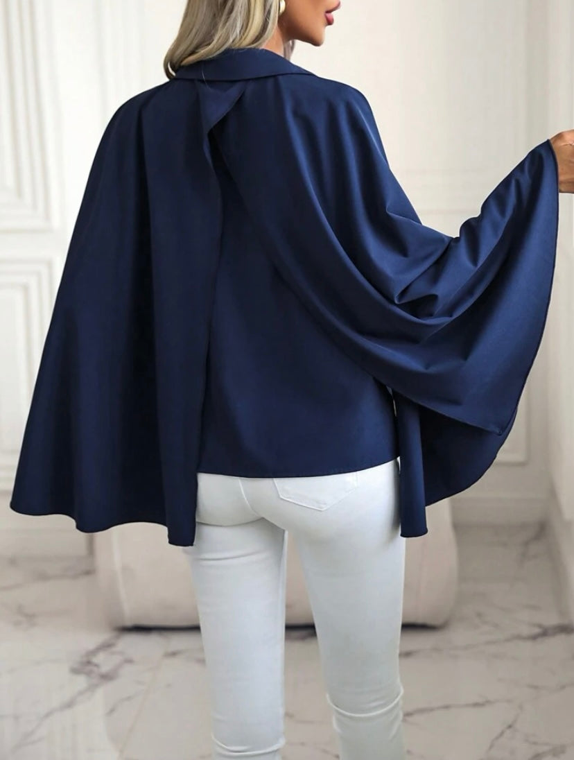 CM-TS331615 Women Casual Seoul Style Cloak Sleeve Button Front Shirt - Navy Blue
