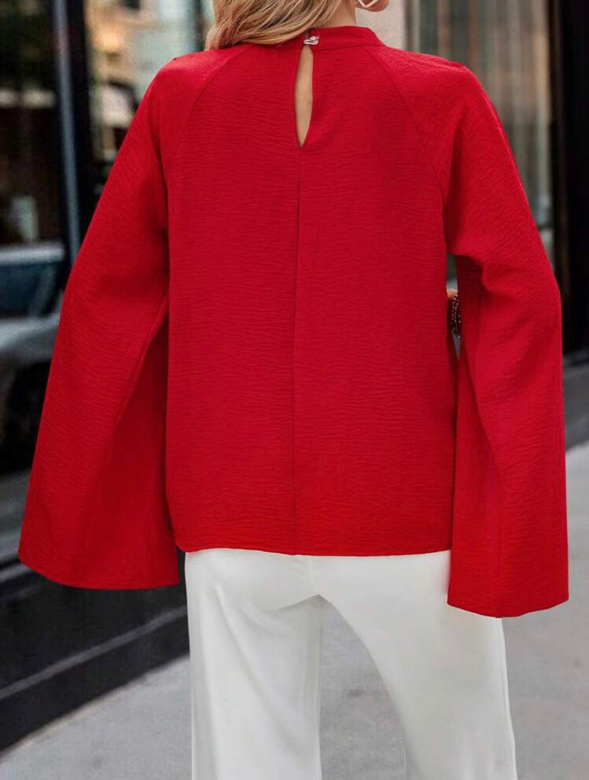CM-TS033673 Women Casual Seoul Style Keyhole Neckline Cloak Sleeve Blouse - Red