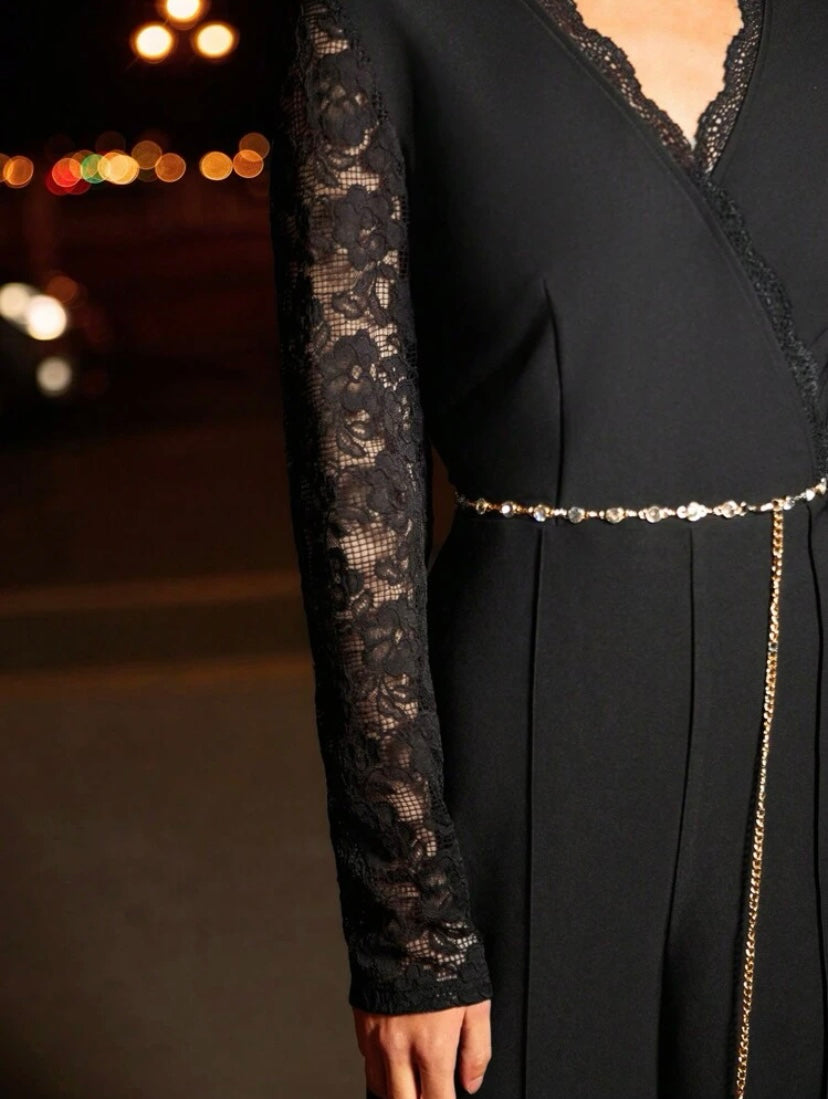 CM-JS055018 Women Elegant Seoul Style Contrast Lace Surplice Neck Jumpsuit - Black