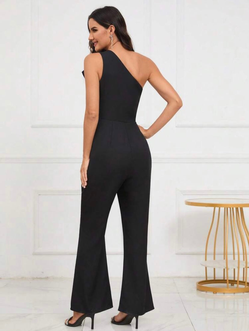 CM-JS997828 Women Elegant Seoul Style One Shoulder Cut Out Flare Leg Jumpsuit - Black