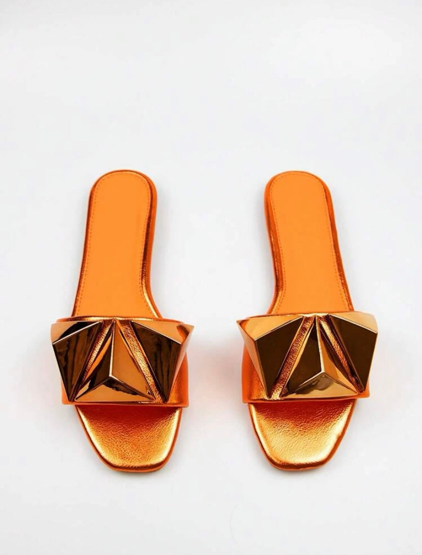 CM-SHS831911 Women Elegant Seoul Style Metallic Studded Decor Slide Sandals - Orange
