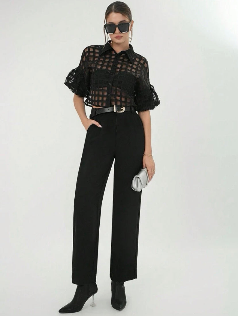 CM-TS612688 Women Casual Seoul Style Plaid Mesh Drop Shoulder Crop Shirt - Black