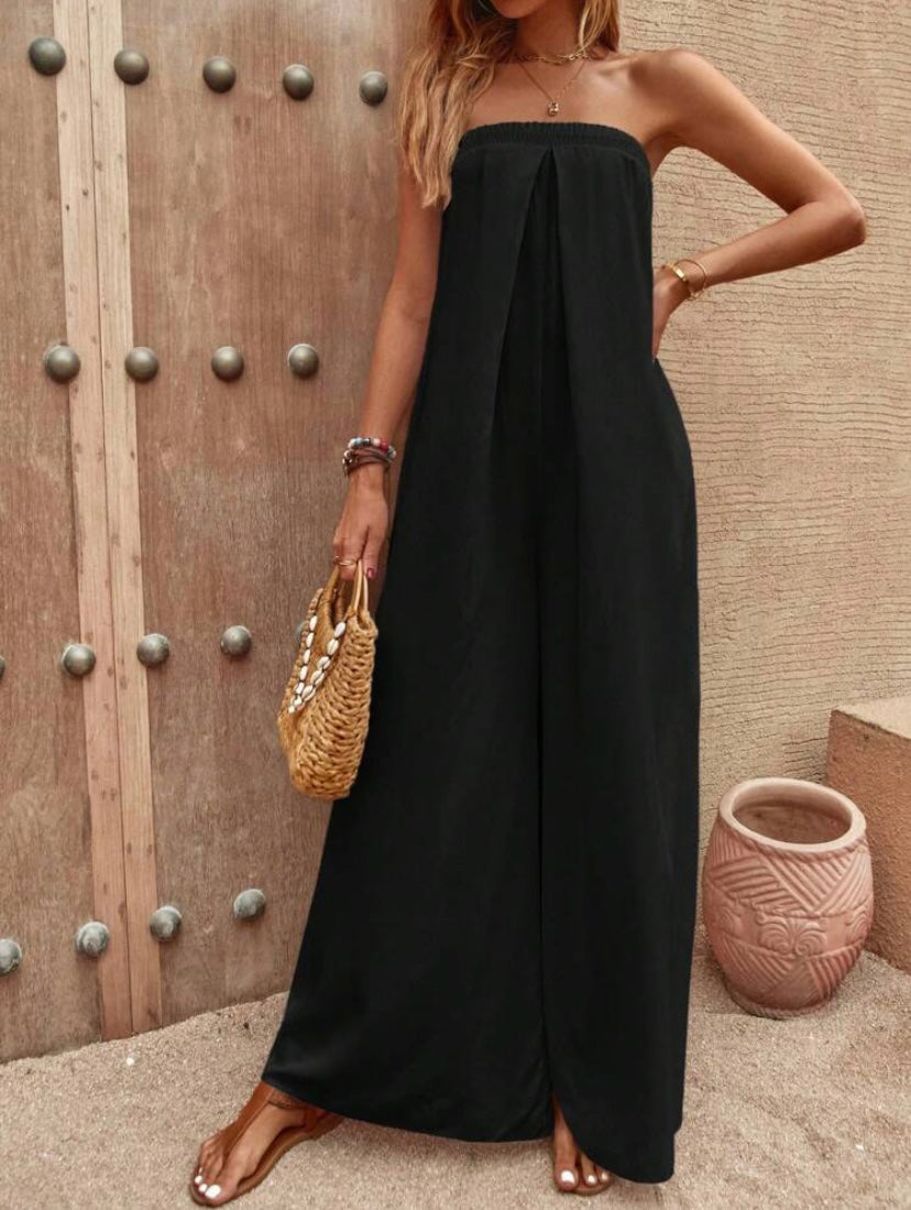 CM-JS950500 Women Trendy Bohemian Style Solid Tie Back Tube Wide Leg Jumpsuit - Black