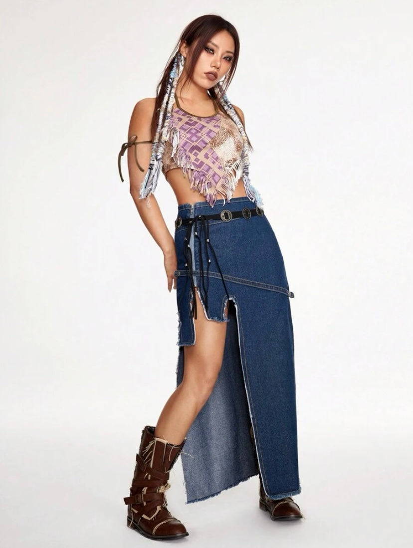 CM-BS211617 Women Casual Seoul Style Raw Trim Asymmetrical Hem Denim Skirt - Blue