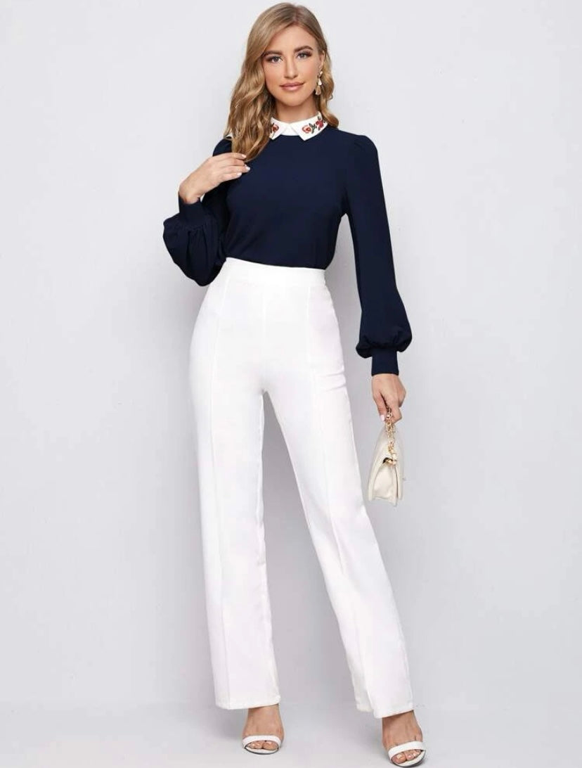 CM-TS908134 Women Casual Seoul Style Contrast Collar Lantern Sleeve Embroidery Floral Top