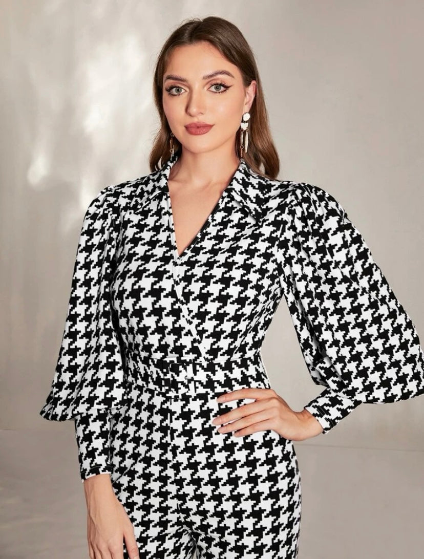 CM-JS376936 Women Elegant Seoul Style Houndstooth Lantern Sleeve Flare Leg Jumpsuit