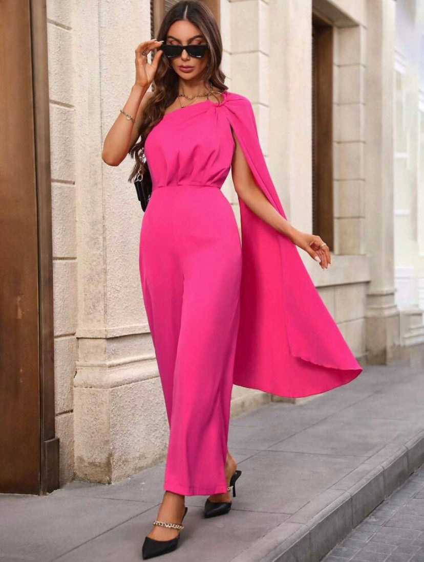 CM-JS749476 Women Elegant Seoul Style One Shoulder Cloak Sleeve Jumpsuit - Hot Pink