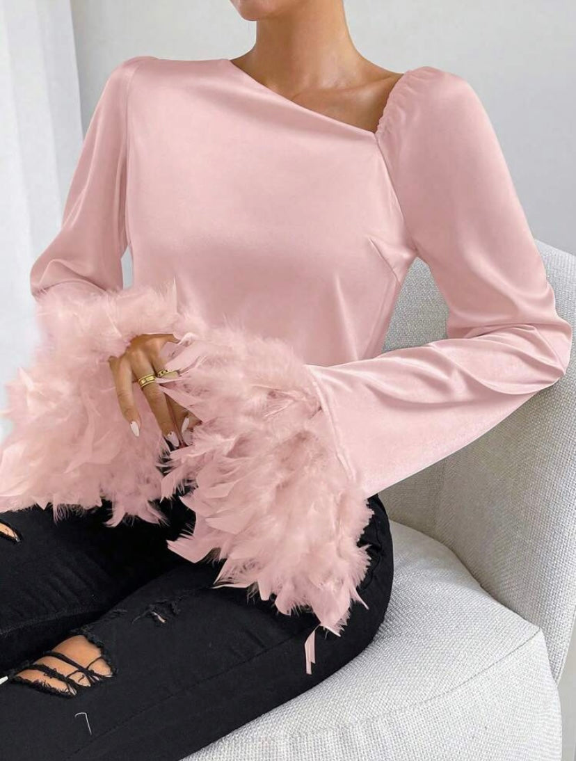 CM-TS892309 Women Elegant Seoul Style Asymmetrical Neck Fuzzy Cuff Satin Blouse - Pink