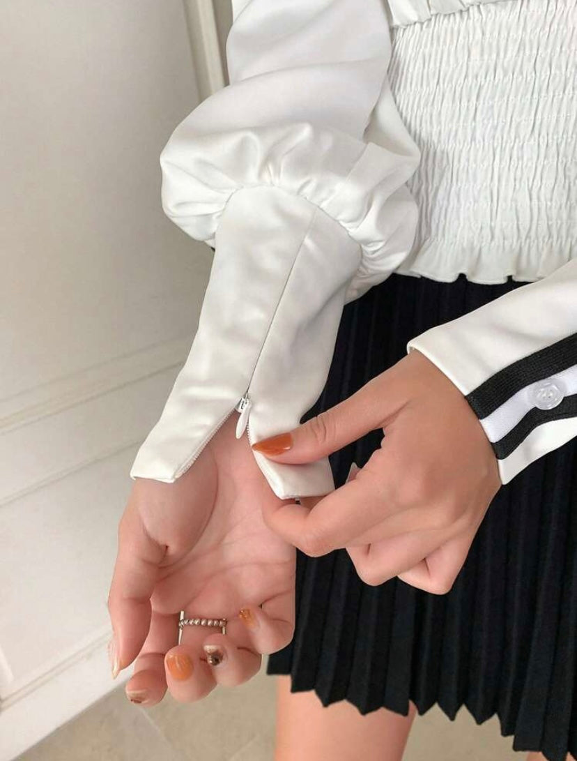 CM-TS324533 Women Elegant Seoul Style Frill Trim Tie Neck Lantern Sleeve Blouse - White