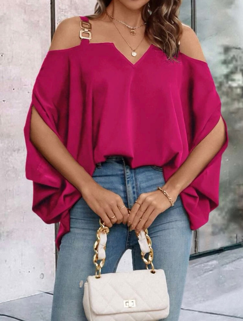 CM-TS289681 Women Casual Seoul Style Solid Chain Detail Cold Shoulder Dolman Sleeve Blouse