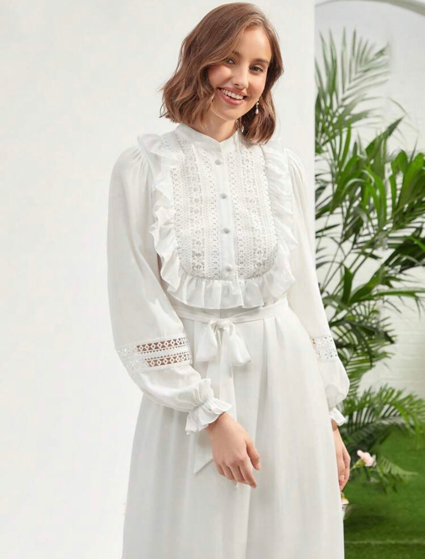 CM-DS130431 Women Elegant Seoul Style Contrast Lace Ruffle Trim Belted Ruffle Hem Dress