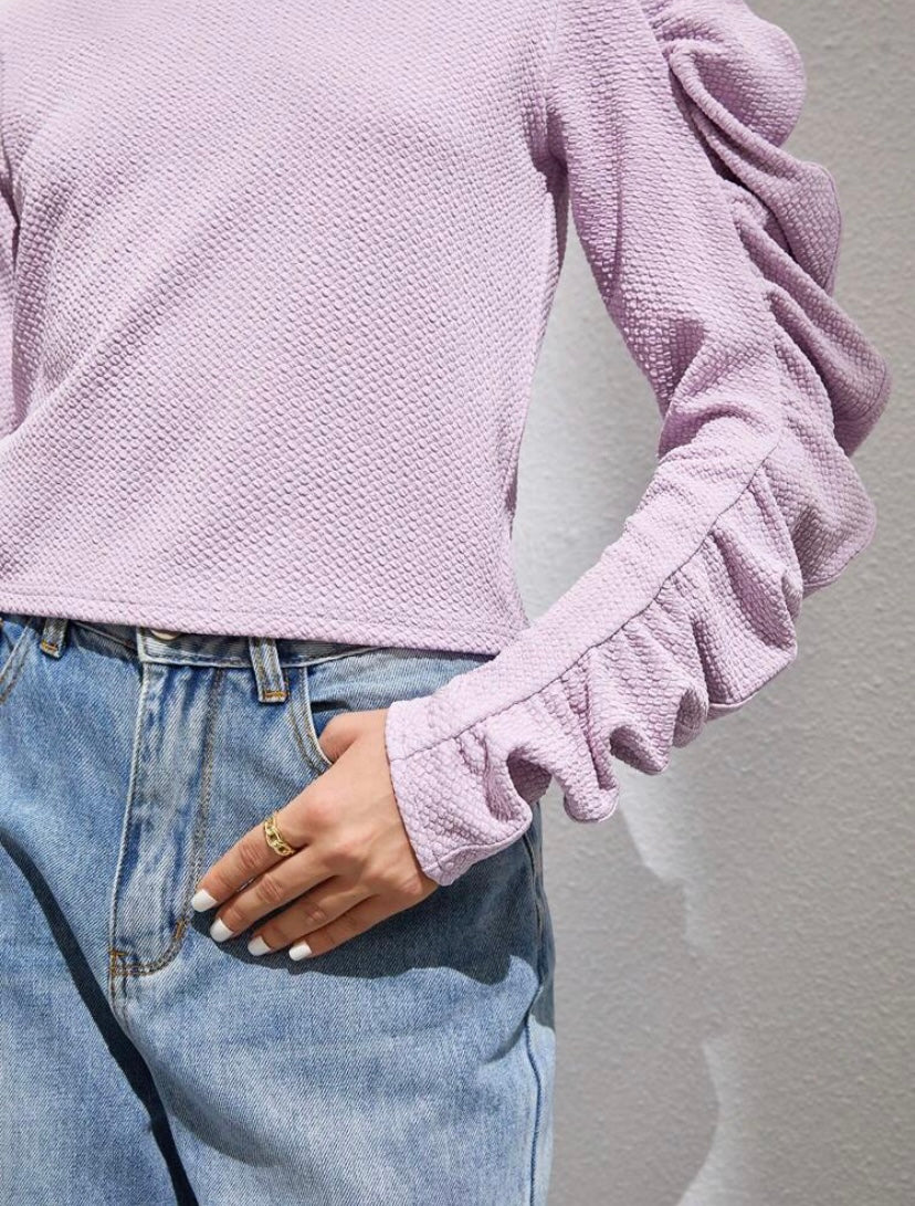 CM-TS667371 Women Casual Seoul Style Round Neck Ruched Puff Sleeve Tee - Mauve Purple