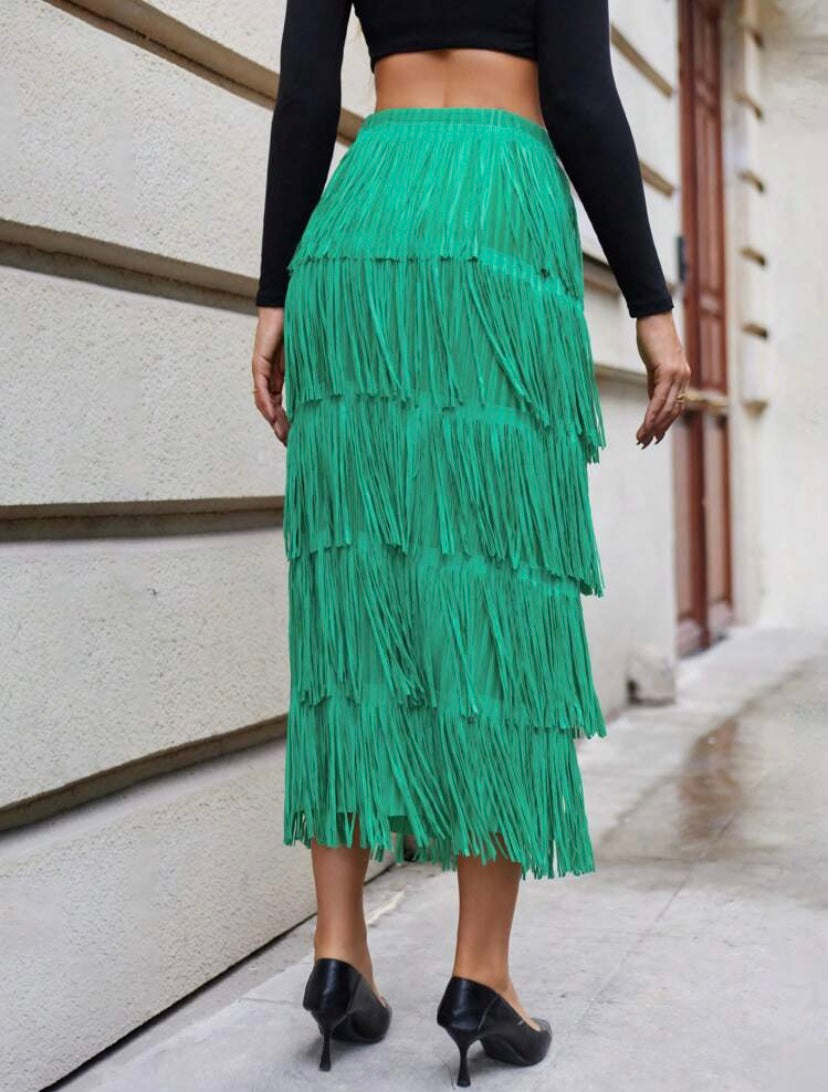 CM-BS960429 Women Elegant Seoul Style Solid Layered Fringe Trim Skirt - Green
