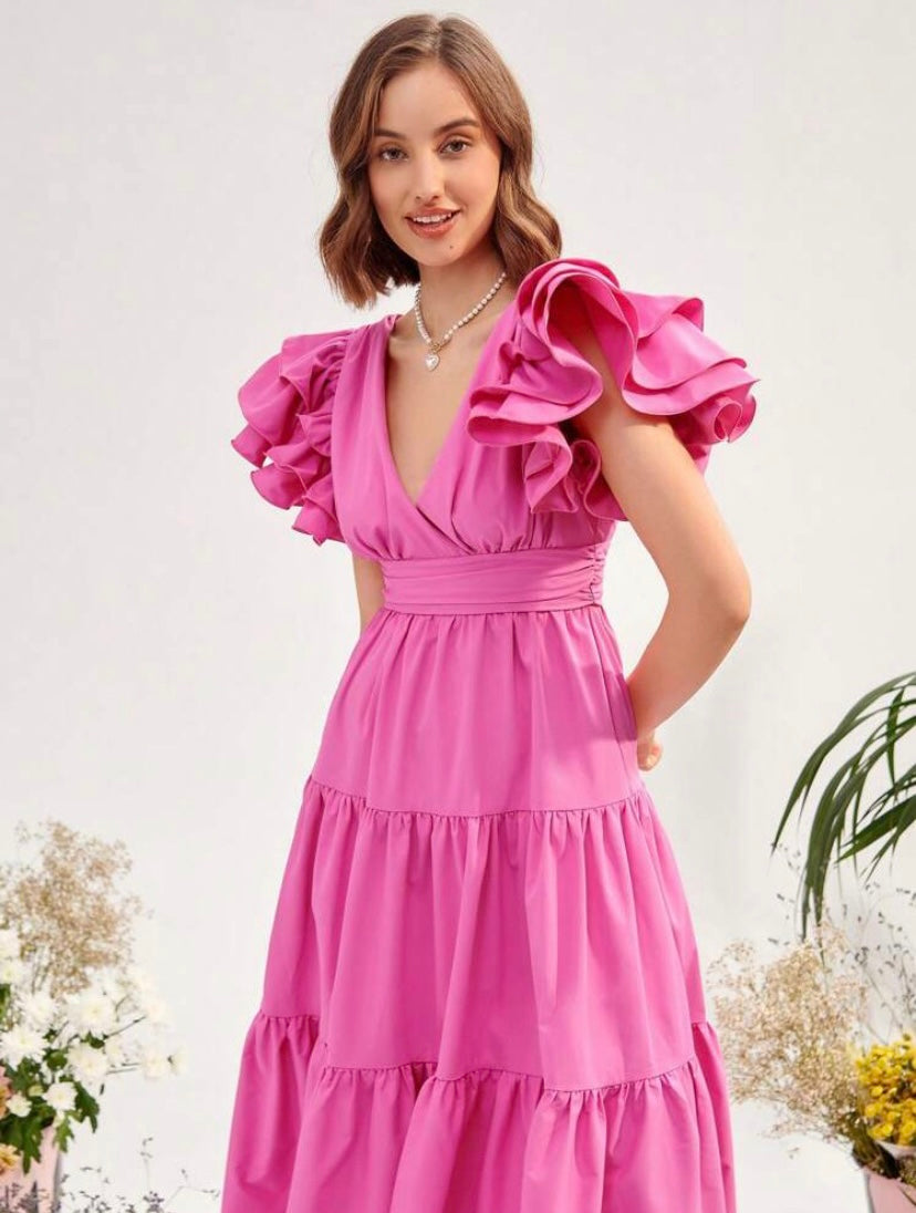 CM-DS385882 Women Elegant Seoul Style Plunging Neck Ruffle Hem Dress - Pink