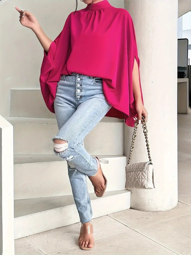 CM-TT126564 Women Casual Seoul Style Turtle Neck Bow Back Batwing Sleeve Blouse - Rose Red