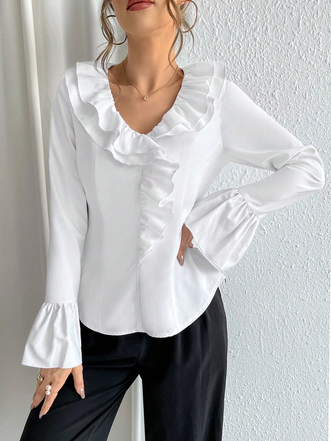 CM-TS315277 Women Casual Seoul Style Ruffle Trim Flounce Sleeve Blouse - White