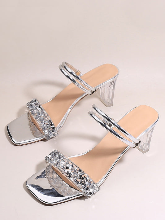 CM-SHS231717 Women Trendy Seoul Style Rhinestone Chunky Heeled Slide Sandals - Silver