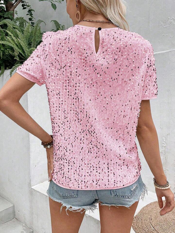 CM-TS491891 Women Elegant Seoul Style Sequin Round Neck Short Sleeve Blouse - Pink