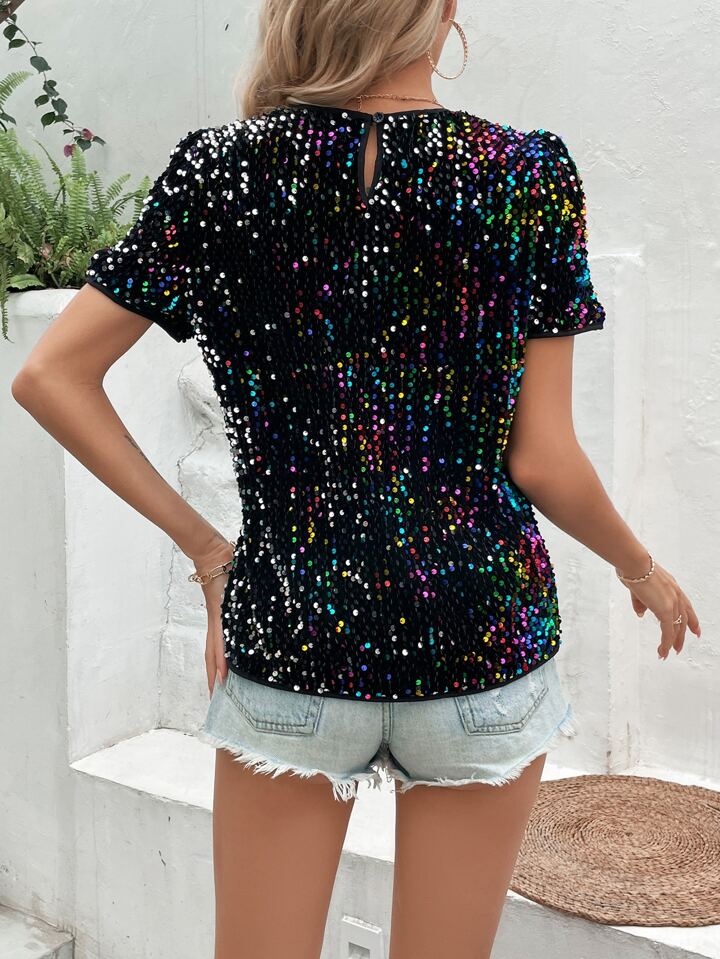 CM-TS237226 Women Elegant Seoul Style Sequin Round Neck Short Sleeve Blouse - Black