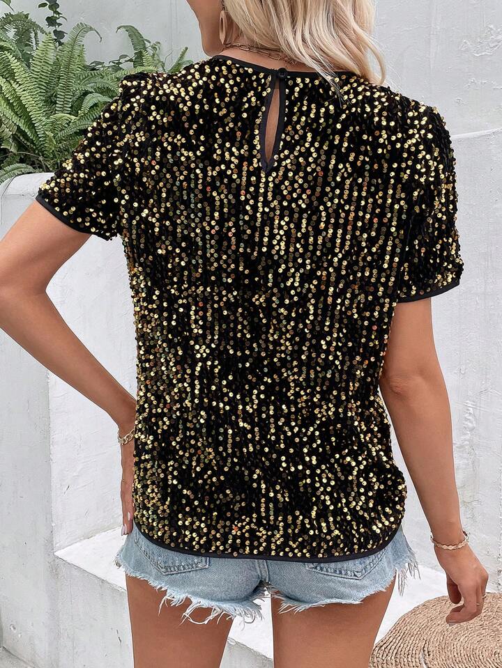 CM-TS719722 Women Elegant Seoul Style Sequin Round Neck Short Sleeve Blouse - Gold