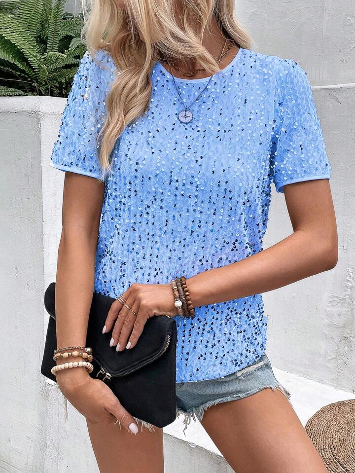 CM-TS577444 Women Elegant Seoul Style Sequin Round Neck Short Sleeve Blouse - Blue