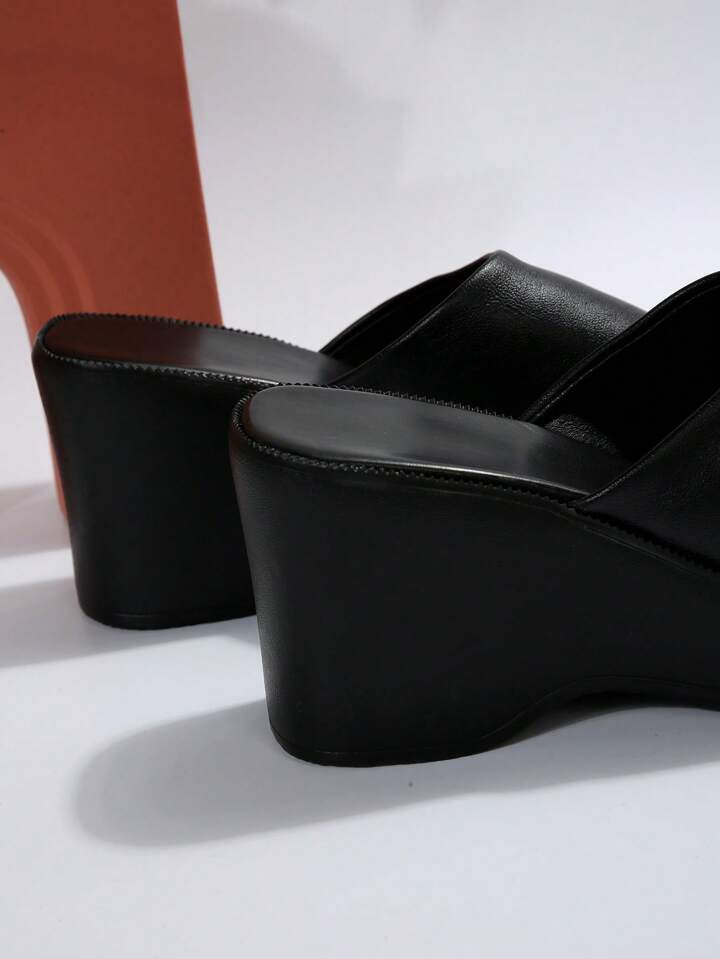 CM-SHS916611 Women Trendy Seoul Style Single Band Wedge Slide Sandals - Black