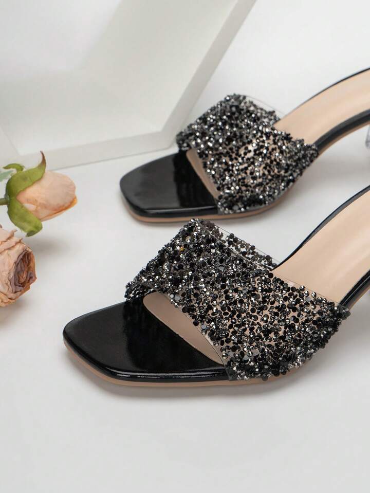 CM-SHS923898 Women Trendy Seoul Style Rhinestone Decor Sculptural Glass Mule Sandals