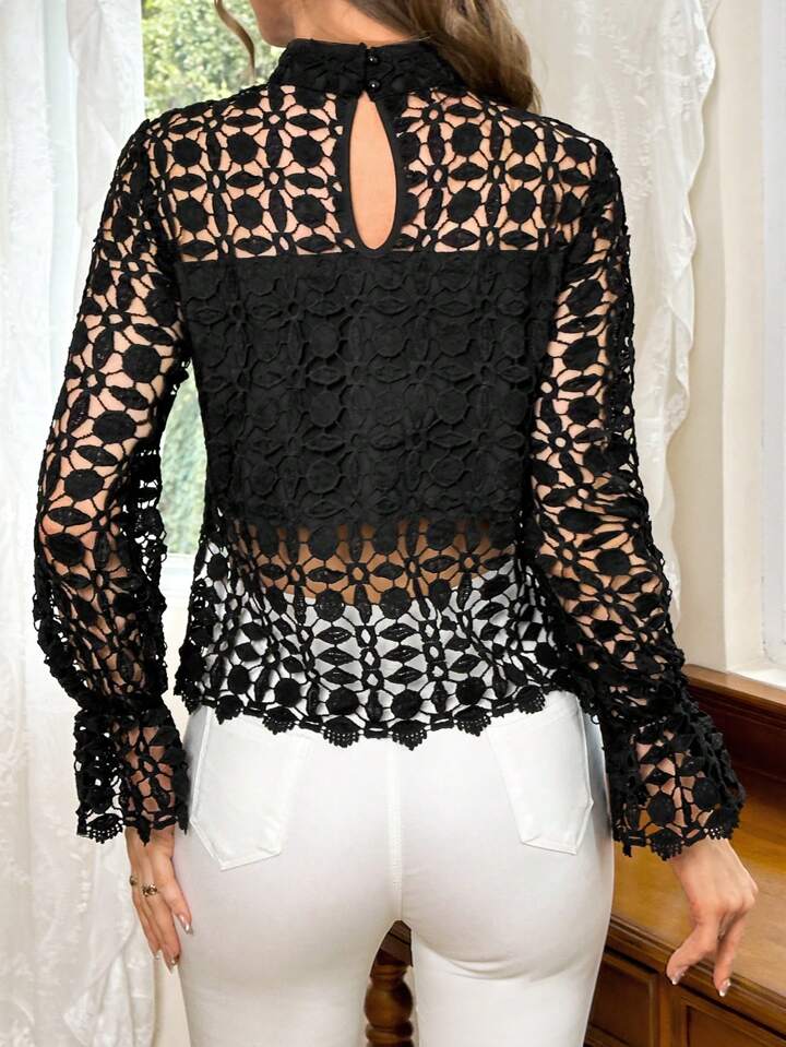 CM-TS043638 Women Elegant Seoul Style Hollow Out Stand Collar Lace Long Sleeve Shirt