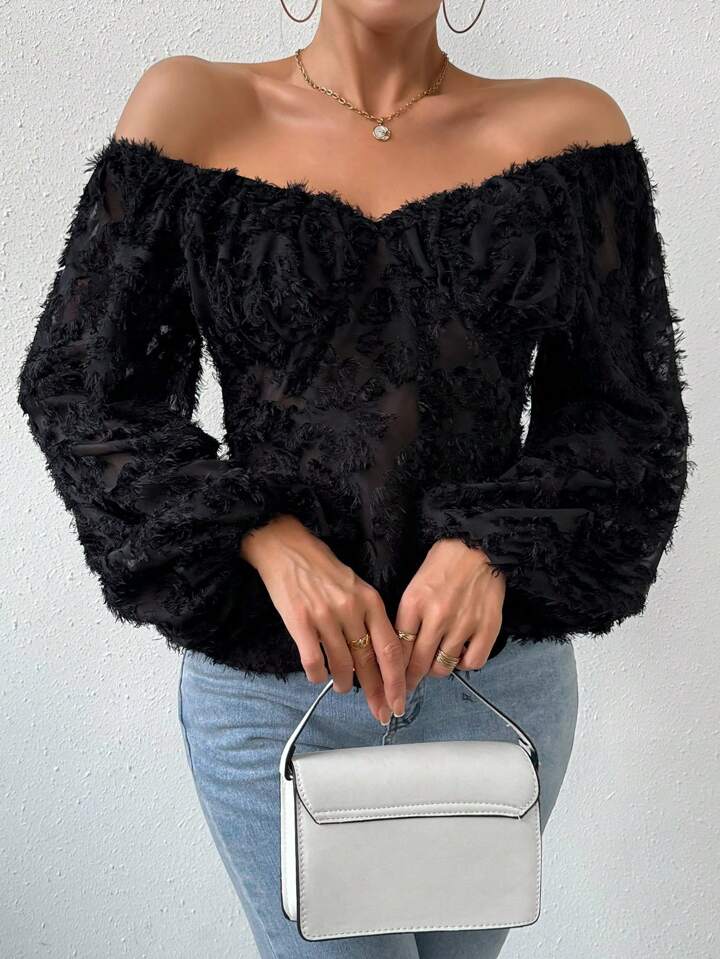 CM-TS764966 Women Casual Seoul Style Sweetheart Neckline Lantern Sleeve Shirt - Black