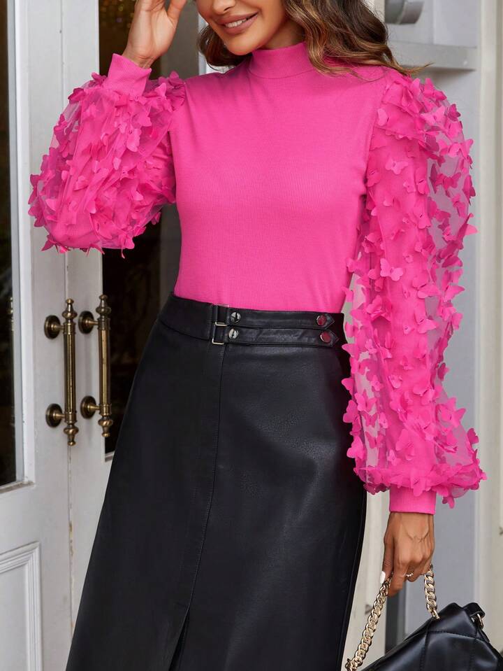 CM-TS478251 Women Elegant Seoul Style Butterfly Decorated Stand Collar Top - Hot Pink