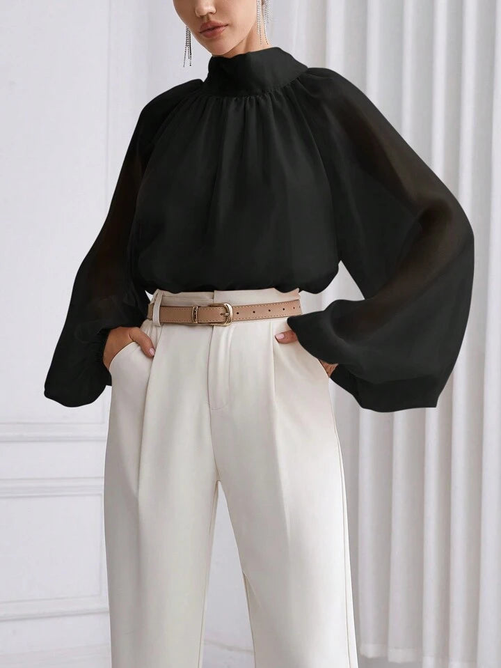 CM-TS911776 Women Elegant Seoul Style High Neck Lantern Sleeve Shirt - Black