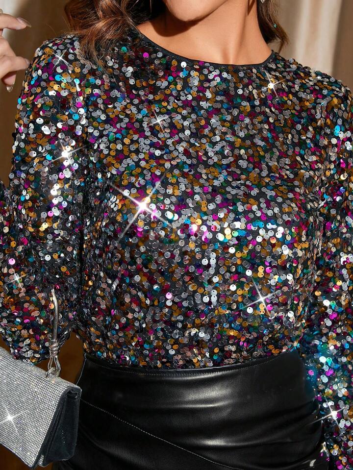 CM-TS959200 Women Elegant Seoul Style Sequin Round Neck Long Sleeve Shirt