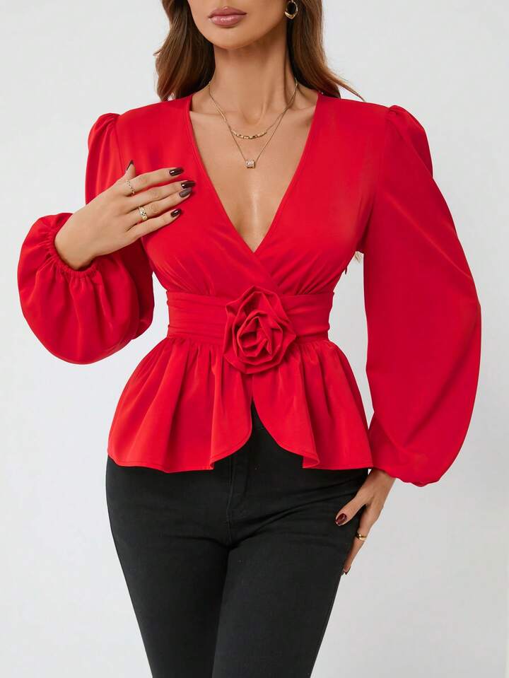 CM-TS263432 Women Elegant Seoul Style Three-Dimensional Floral Long-Sleeved Shirt - Red