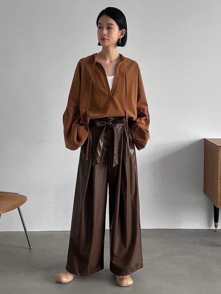 CM-BS677609 Women Trendy Bohemian Style PU Leather Pants With Belt - Coffee Brown