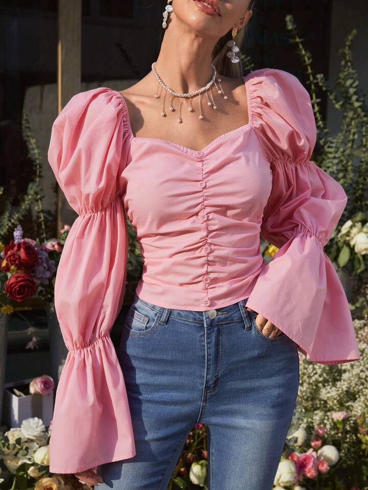 CM-TS454424 Women Elegant Seoul Style Lotus Leaf Sleeve And Pleated Detail Shirt - Pink