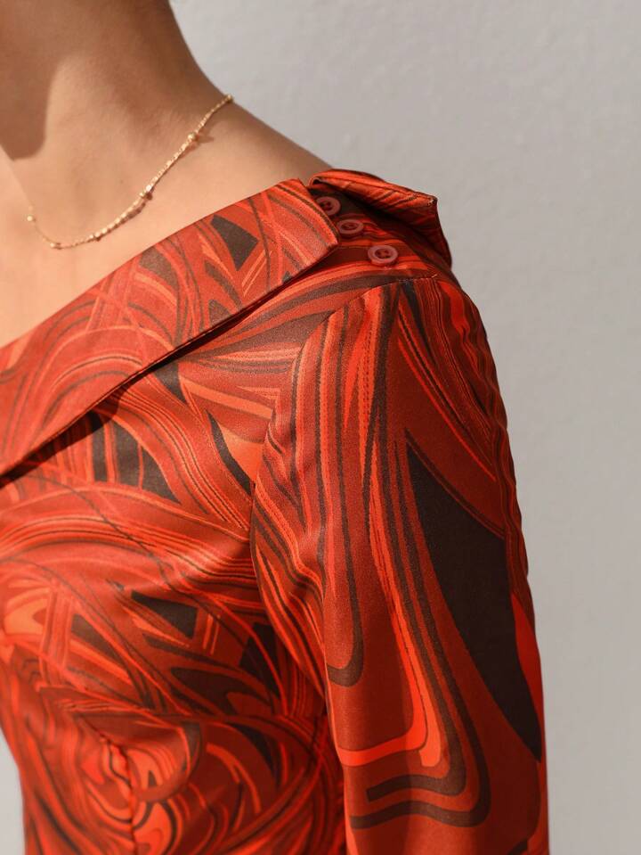 CM-TS487779 Women Elegant Seoul Style Printed One Shoulder Irregular Hem Blouse
